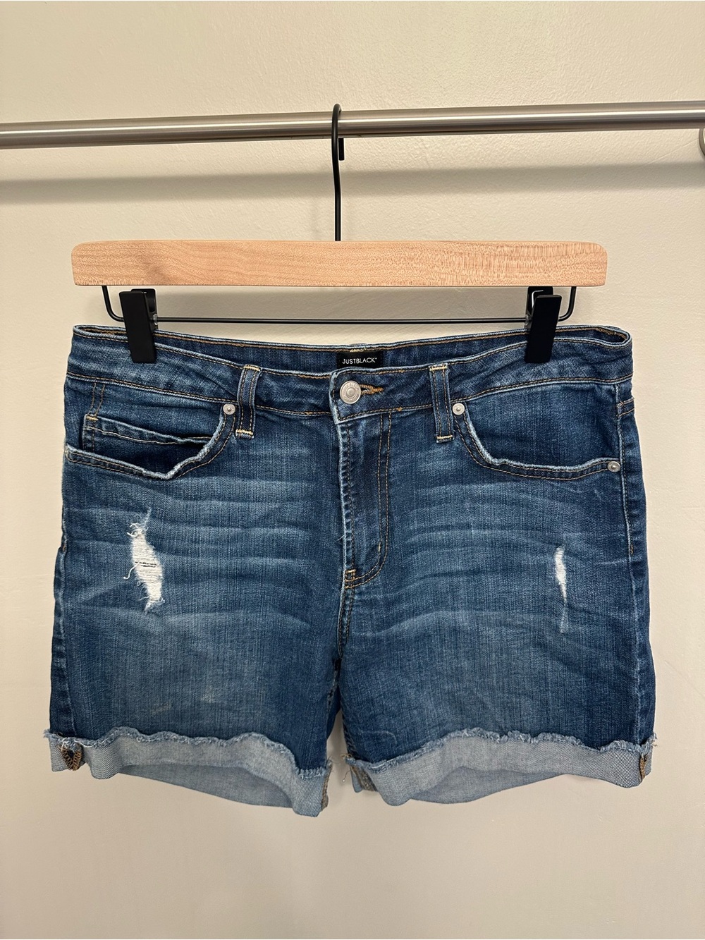 Just Black Denim Shorts Medium 28 Cut-Off Fringe Stretch Distressed